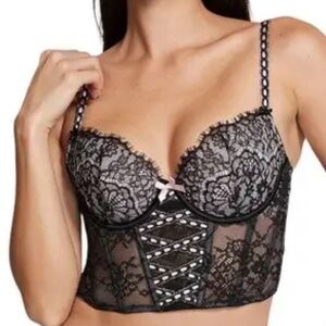 Victoria's Secret Pink & Black Lace Dream Angels Long Line Lined Demi Bra